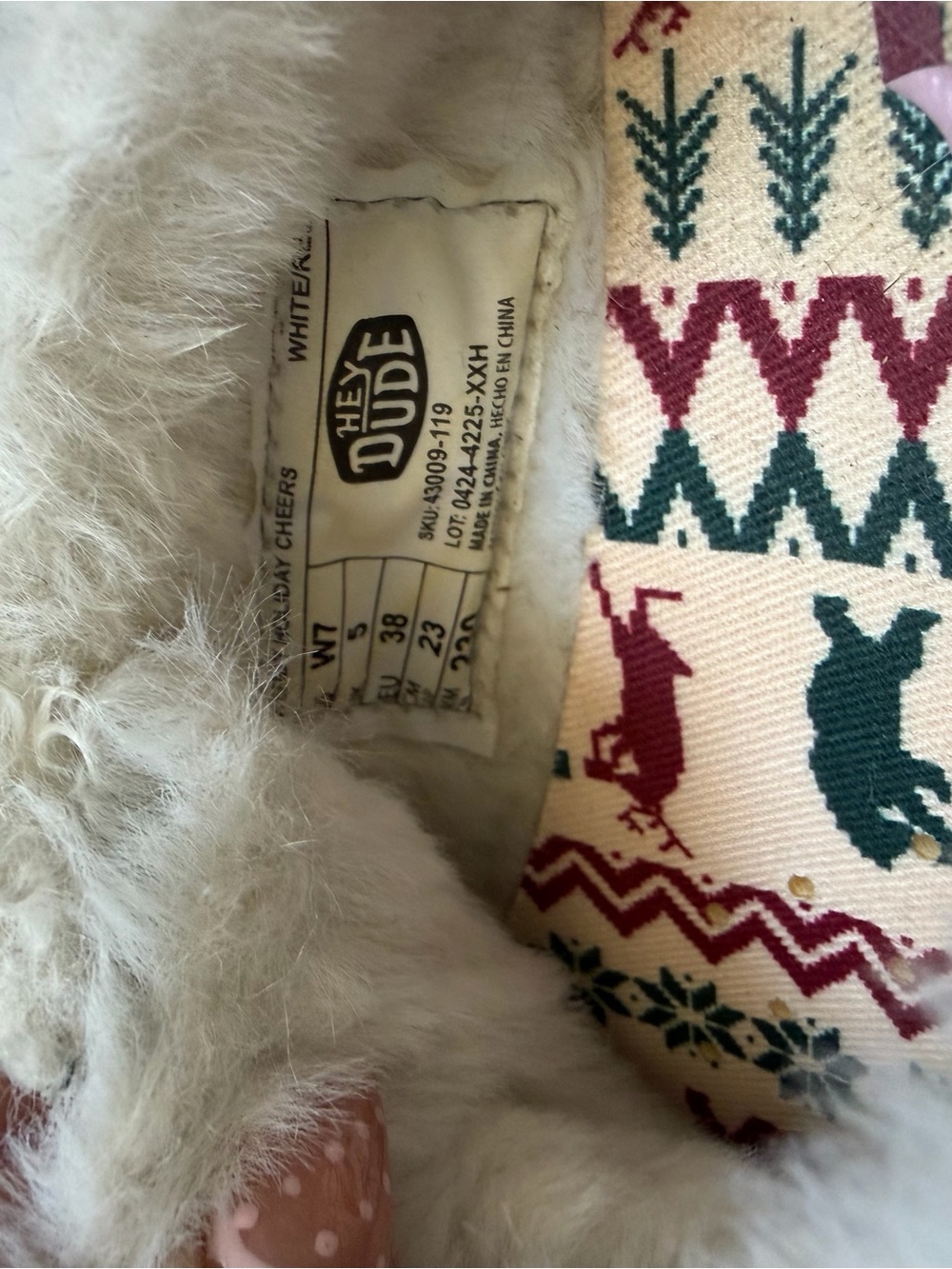 Hey Dude Women's Cream, Red, Green Patterned Furry Lined Shoes - Picture 3 of 3
